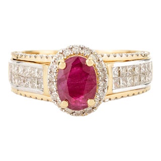 Oval Shaped Ruby & Cluster Diamond Cocktail Ring Size 7 For Sale