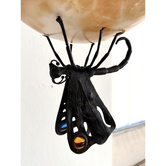 Metal Italian Art Deco Alabaster Hanging Light with Wrough Iron Dagonfly and Chain, 1920s For Sale - Image 7 of 18