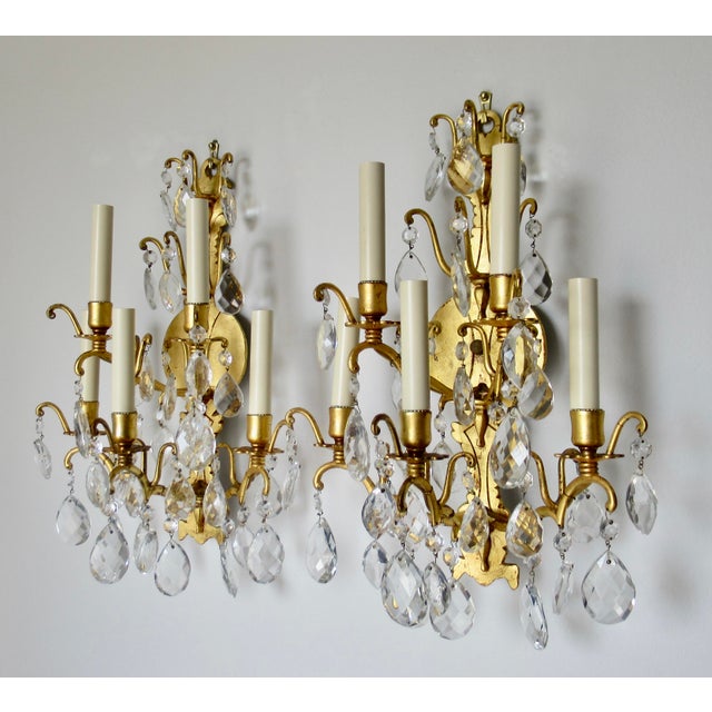 Late 19th Century French Victorian -Style, Gilded Gold & Crystal Drop 5--Candelabra Wall Light Sconces - Pair For Sale In West Palm - Image 6 of 17
