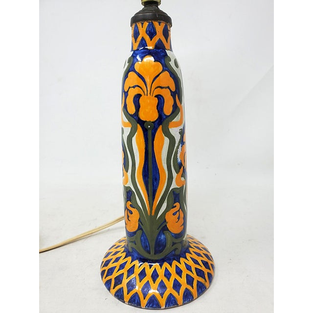 1920s Antique Jules Verlingue Faience Lamp - Hand Painted Irises - 9" Tall -Signed Jv - France For Sale - Image 5 of 13