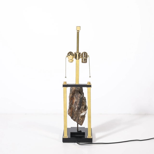 Black Mid-Century Rectilinear Black Lacquer & Brass Pyrite Specimen Table Lamp For Sale - Image 8 of 11
