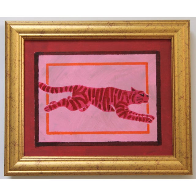 Cleo Plowden Tiger Folk Art Minimalism Pop Art Raspberry Pink Burgundy Orange Original Oil Painting by Cleo Plowden For Sale - Image 4 of 7