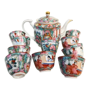 Vintage Chinoiserie Pink Green Red Gold Regency Japanese Tea Pot Cup Set of 10