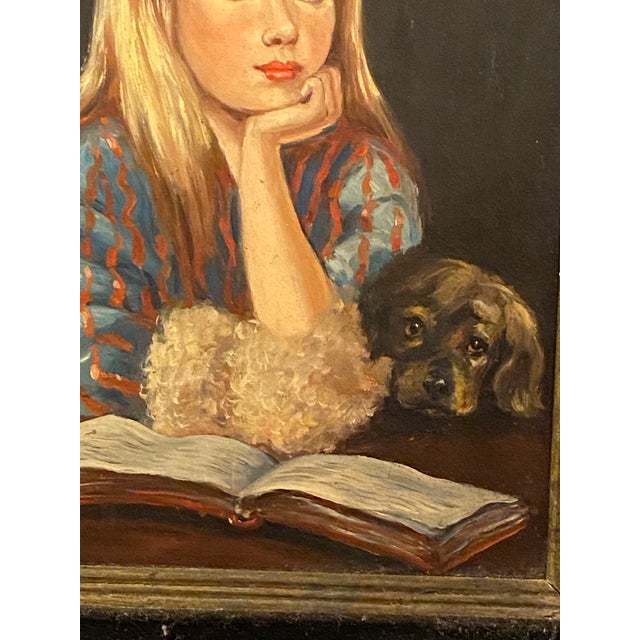 1960s 1960s Portrait Painting of Sweet Girl With Pup and Parrots For Sale - Image 5 of 10