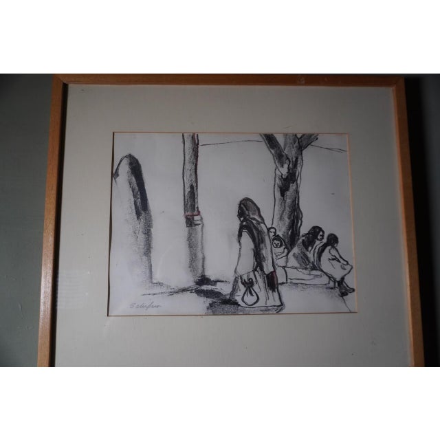 Mid 20th Century Arnold Schifrin - Charcoal Study of Mexican Women in Village Plaza, Framed For Sale - Image 4 of 5