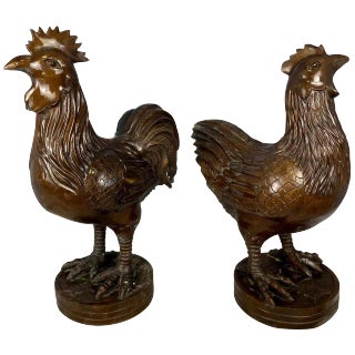 Oriental Bronze Hen and Cockerel, 20th Century, Set of 2 For Sale