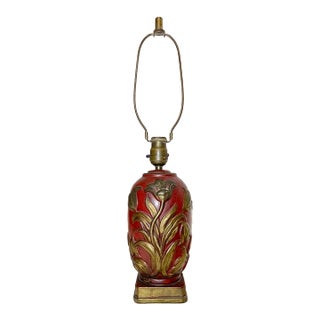 Antique Heavy Bronze Clad Polychromed Red Flower Relief Electric Table Lamp For Sale