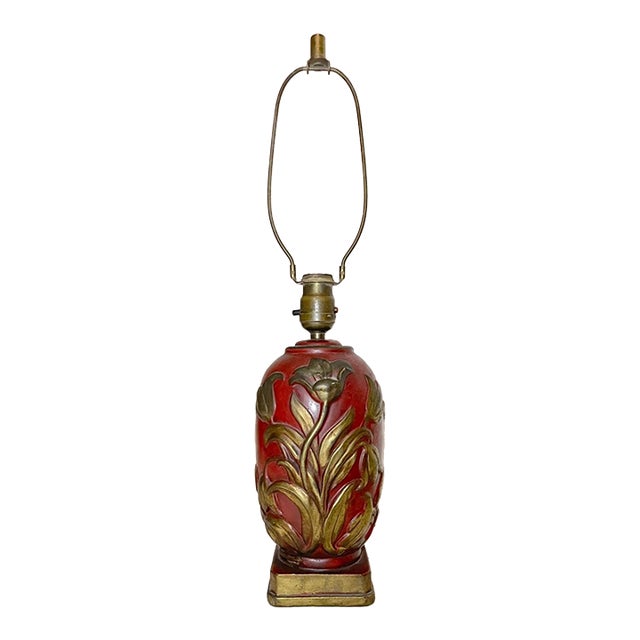 Antique Heavy Bronze Clad Polychromed Red Flower Relief Electric Table Lamp For Sale