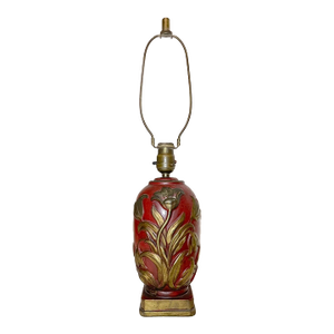 Antique Heavy Bronze Clad Polychromed Red Flower Relief Electric Table Lamp