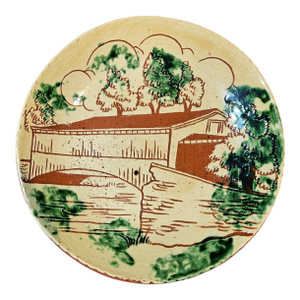 Vintage Lester Berringer, Redware Plate of a Covered Bridge in the "Sgraffito" Style