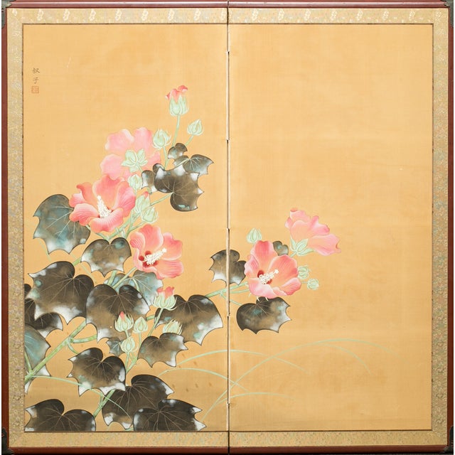 Japanese Early 20th Century Vintage Japanese Hibiscus Flowers Two Panel Screen For Sale - Image 3 of 3