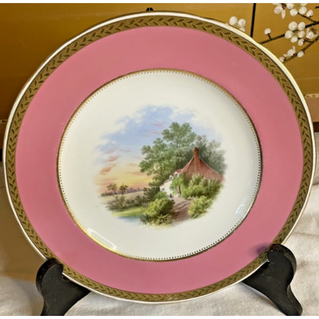 Ceramic Antique 19th Cen Minton Topography Plates Pink Border Gold Trim 9" Dia For Sale - Image 7 of 10