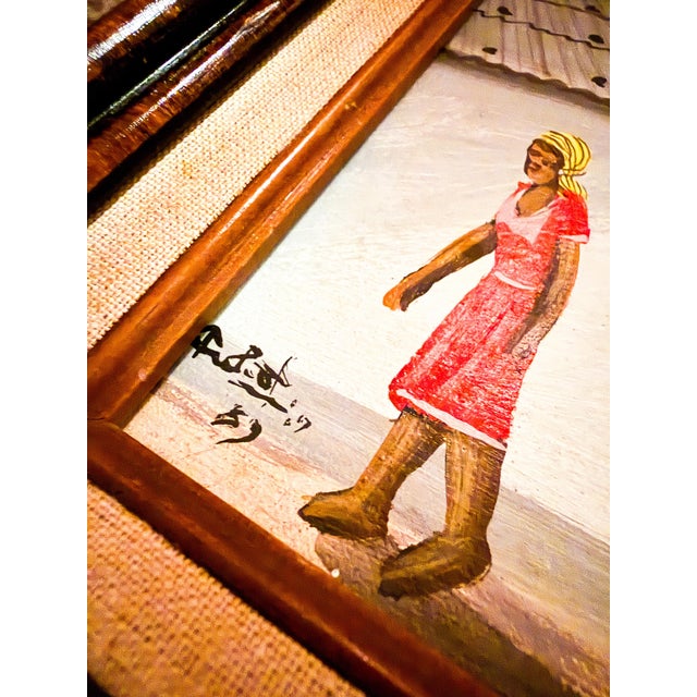 This painting is a vibrant example of Haitian folk art, a style characterized by its unrefined yet evocative depiction of...