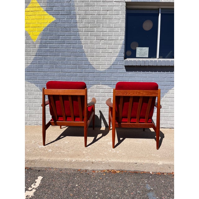 Red Grete Jalk for France & Son Teak Lounge Chairs, Pair, Denmark, 1960s For Sale - Image 8 of 12