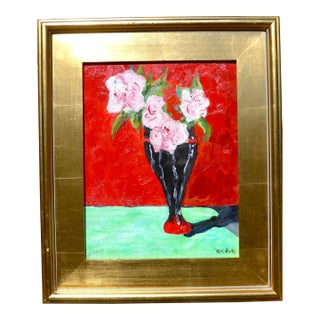 "Roses on Red" Framed Oil Painting by Martha Holden For Sale