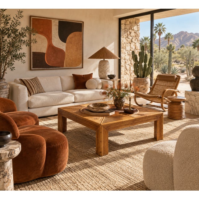 This vintage coffee table is a study in movement — an extraordinary concentric sunburst top of individually applied...