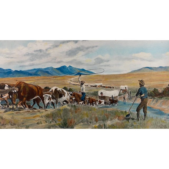 Vintage Western Pioneer Wagon Train Landscape Painting, Signed, Oregon Trail Americana. For Sale - Image 4 of 10