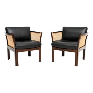 Vintage Danish Leather and Cane Chairs by Illum Wikkelso for CFC Silkeborg, 1960, Set of 2 For Sale