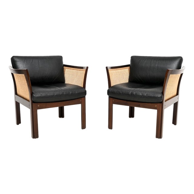 Vintage Danish Leather and Cane Chairs by Illum Wikkelso for CFC Silkeborg, 1960, Set of 2 For Sale
