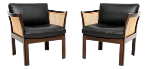 Vintage Danish Leather and Cane Chairs by Illum Wikkelso for CFC Silkeborg, 1960, Set of 2