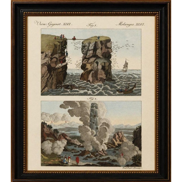 Original antique print of iceland geyser, hekla and orkney bird catchers, 1802 original antique hand-colored copper...