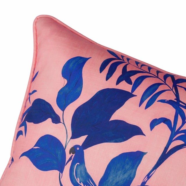 French 22" Paule Marrot Parrots Pillow in Pink and Blue For Sale - Image 3 of 3