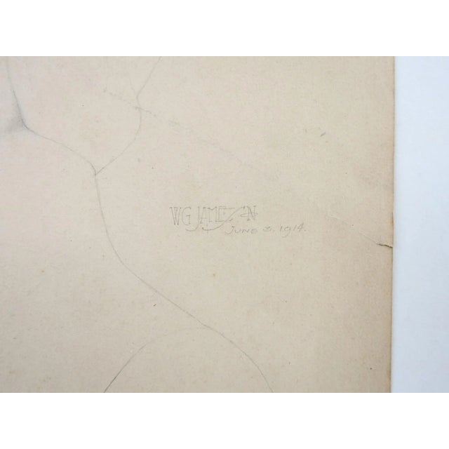 Vintage 1914 pencil on tan paper drawing of sculpted bust of woman. Drawing is faint, signed W. G. Jameson, dated lower...