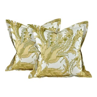 Designer Vicki Payne Free Spirit Crewel Green Cream-White Botanical Floral Leaf Pillow Covers- Pair For Sale