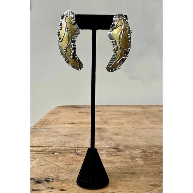Vintage Boho Robin Schechtel Brass on Sterling Modernist Earrings For Sale - Image 11 of 12