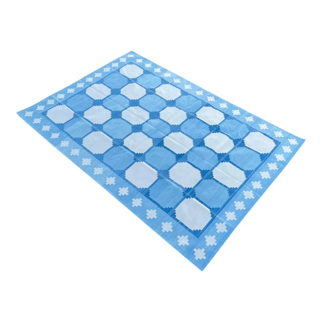 Handmade Cotton Area Rug Vegetable Dyed Sky Blue and White Vista Rug-8'x10' For Sale