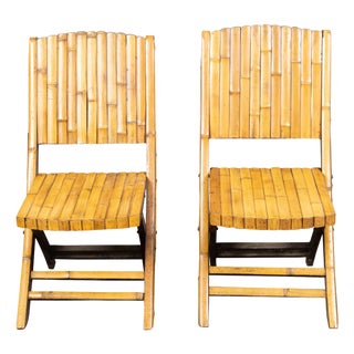 Pair of Midcentury Bamboo Folding Chairs with Slatted Design and Light Patina For Sale
