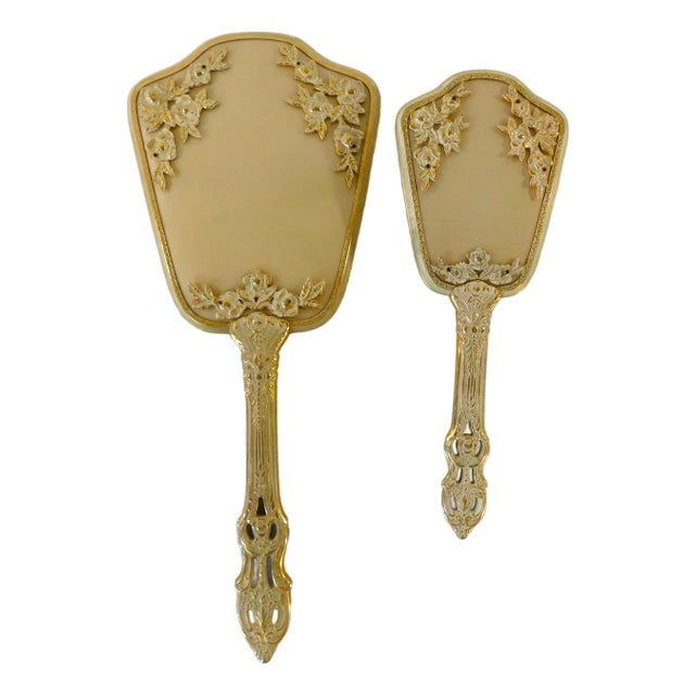 Vintage Victorian Gold Metallic Rose Floral Brush & Handheld Mirror Vanity Set For Sale