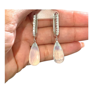 27.54 Carat Moon Quartz Diamond White Gold Drop Earrings, A Pair