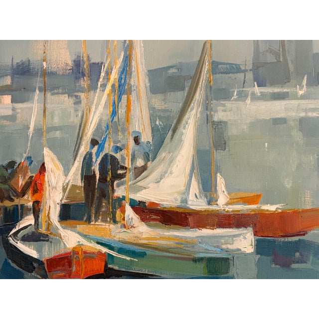 Mid-Century Modern 1960s Oil on Canvas “Dock Time” Artist Signed Carol Sideman For Sale - Image 3 of 5