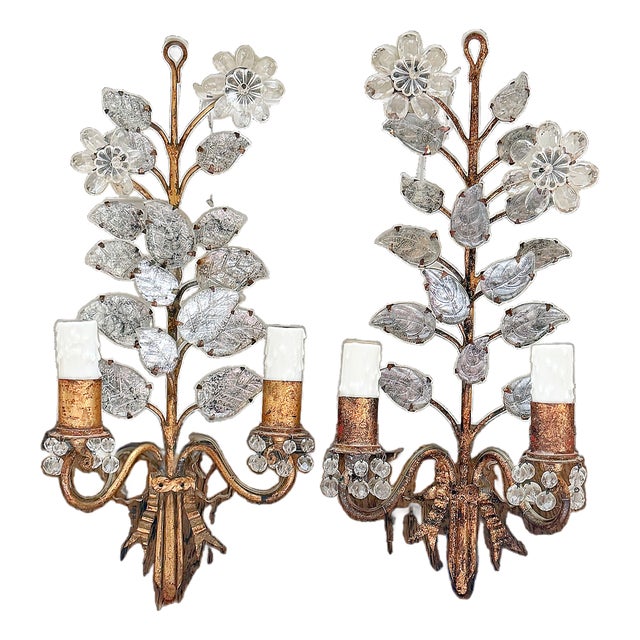 Early 20th Century Maison Baguès Crystal Mirrored Floral Two-Light Wall Sconces - a Pair For Sale