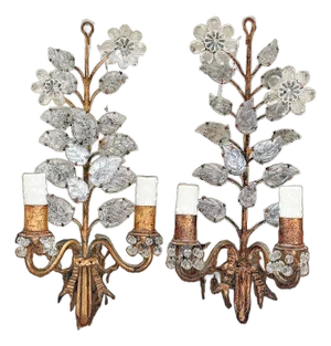 Early 20th Century Maison Baguès Crystal Mirrored Floral Two-Light Wall Sconces - a Pair