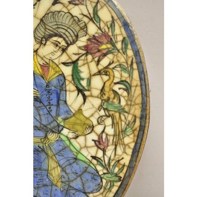 Antique Persian Iznik Qajar Style Ceramic Pottery Oval Tile Blue Figure Birds C3 For Sale - Image 4 of 10