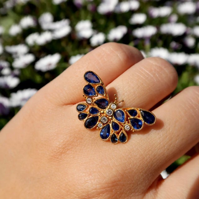 Not Yet Made - Made To Order Nina Zhou Butterfly Sapphire Diamond Cocktail Ring in 14k Yellow Gold, size 4.5 For Sale - Image 5 of 11