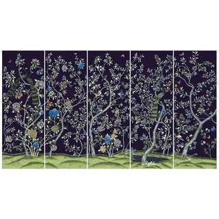36" * H100"/Panel * 5ps, Navy Blue Chinoiserie Peacock Garden Wallpaper, Peacock and Peony For Sale