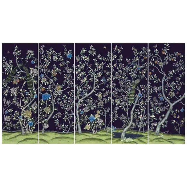 Navy Blue Chinoiserie Peacock Garden Wallpaper, Peacock and Peony - Set of 5 For Sale