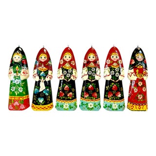 Vintage Boho Chic Folk Art Russian Hand Crafted Christmas Ornaments - Set of 6, Large For Sale