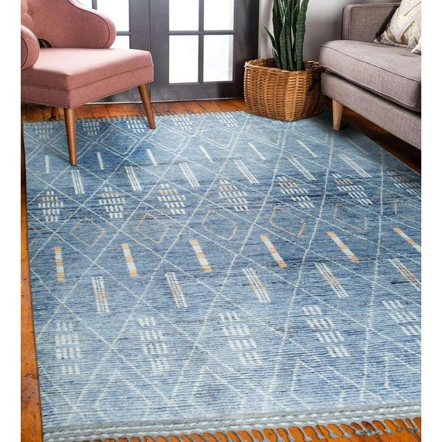 Textile 8x10 Blue Hand-Knotted Wool Diamond Lattice Tribal Modern Carpet Rug For Sale - Image 7 of 8