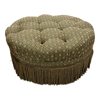 1980s Vintage Tufted Round Green Ottoman With Fringe For Sale