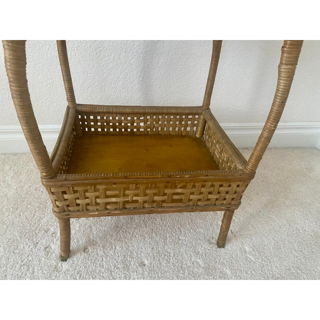 Vintage American Wicker and Rattan Two-Tier Sewing Basket Stand With Original Lining. For Sale - Image 14 of 15