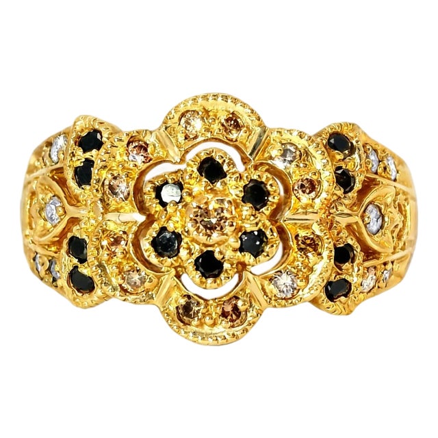 Late 20th Century 114K Yellow Gold Filigree Black Brown Diamond Floral Band Ring, Size 7 For Sale