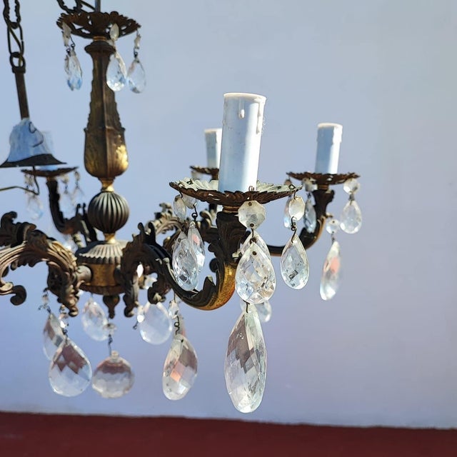 Vintage Six-Armed Chandelier with Glass Drops For Sale - Image 3 of 10