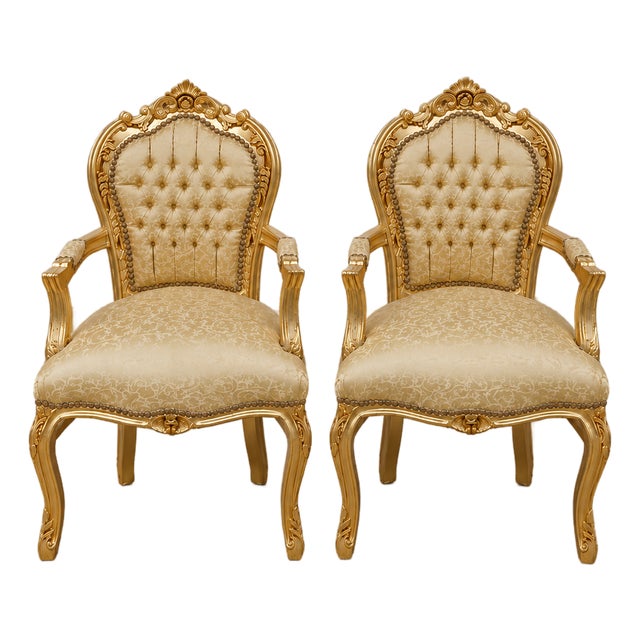 French Louis XV Style Gold Leaf Tufted Armchair – Cream Upholstered Accent Chair For Sale