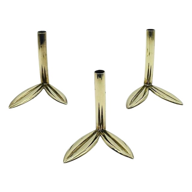 1960s Los Castillo Brass Leaf Candle Holders, Set of 3, Mexican Modern Silversmith For Sale