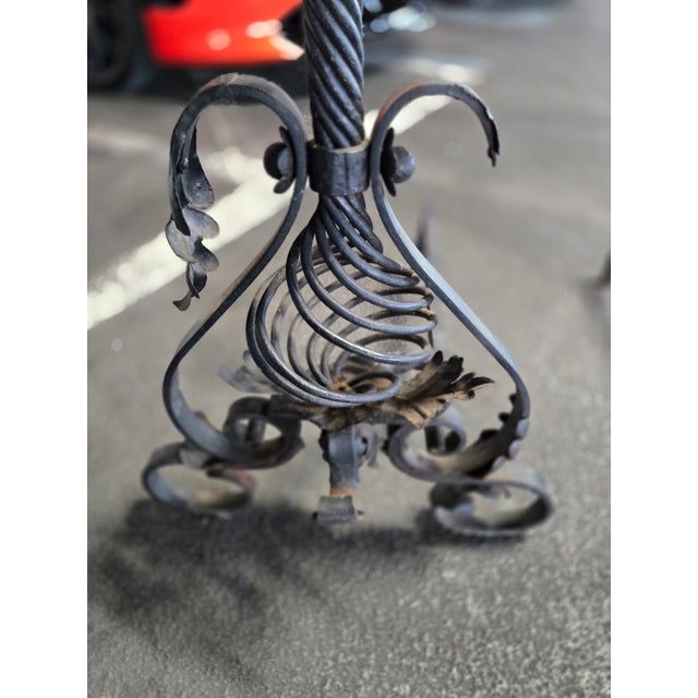 Black Large Mizner Style Turn of the Century Wrought Iron Andirons For Sale - Image 8 of 9