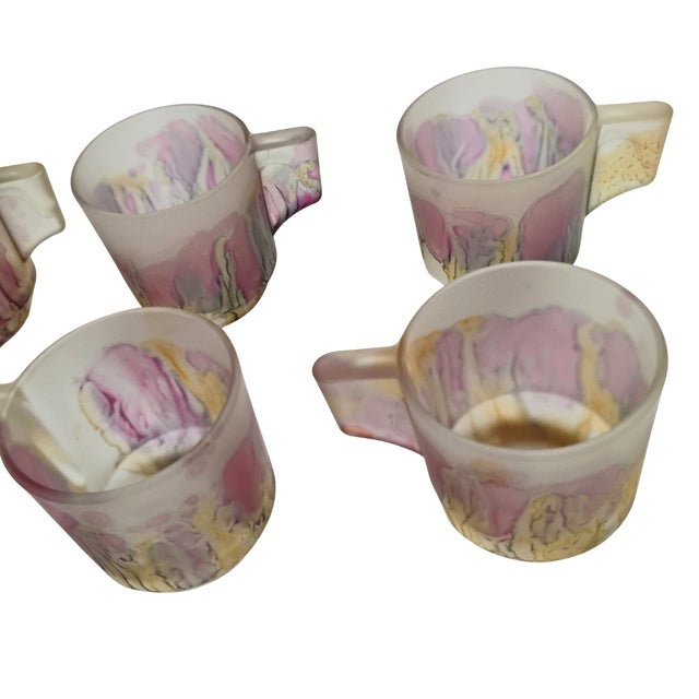 1980s Rueven Art Nouveau Demitasse Cups and Saucers Frosted Glass - Set of 6 For Sale - Image 4 of 14